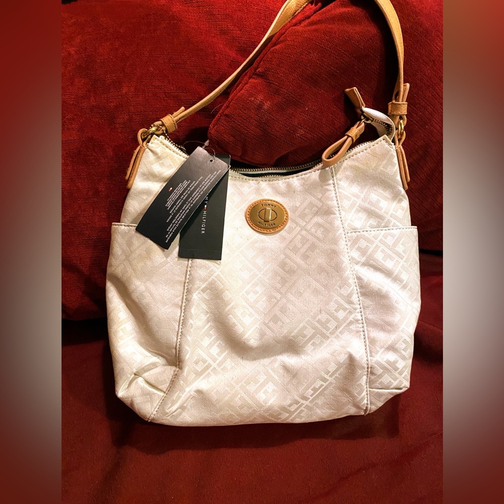 Tommy Hilfiger Cream and Tan Monogram Shoulder Bag NWT